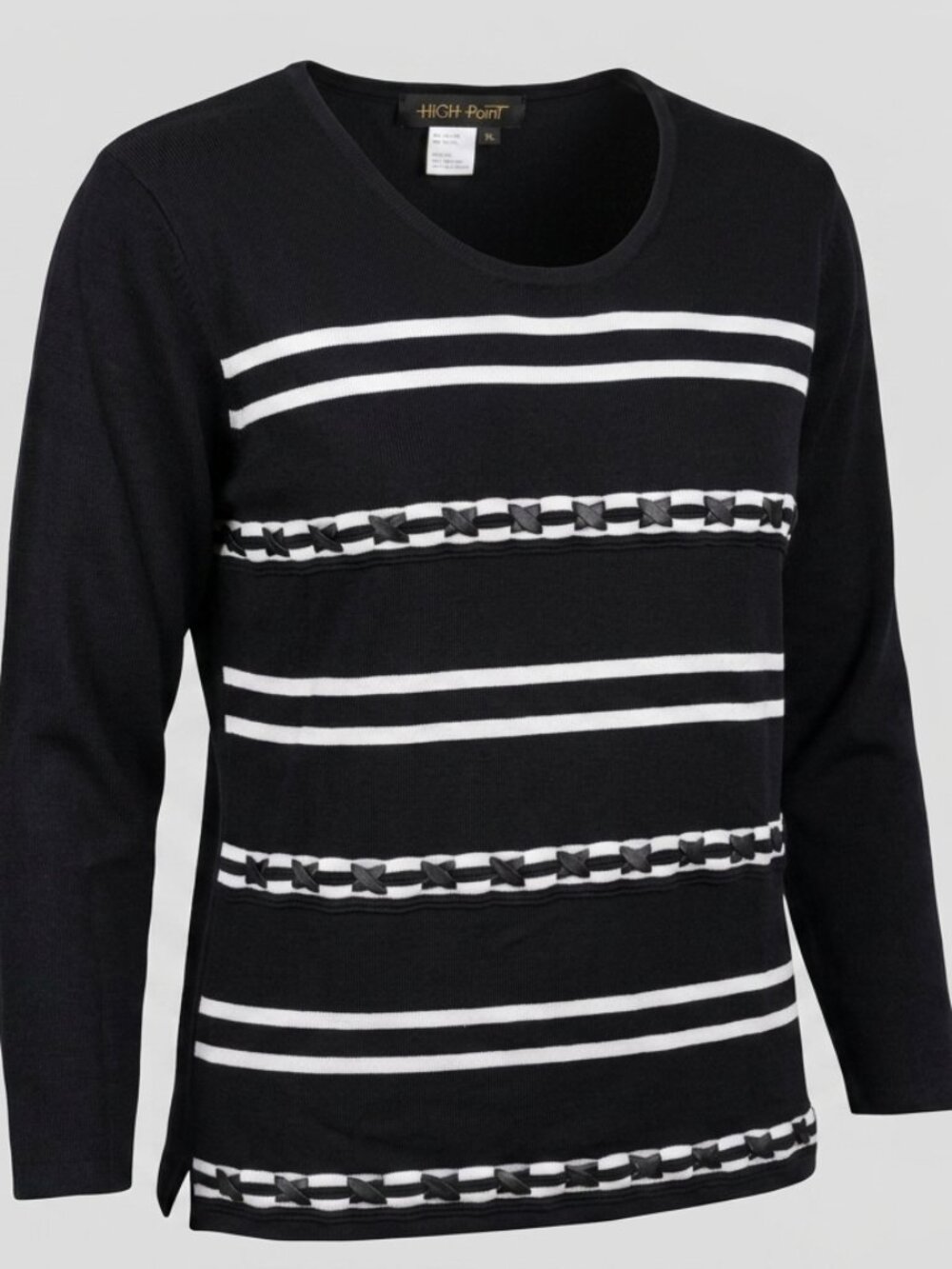 Womens XL Black Knit Sweater White Striped Faux Leather Ribbon Trim HIGH POINT